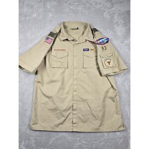 Boy Scouts of America Shirt Mens XL Tan Scoutmaster Patches Poly Cotton Gorpcore